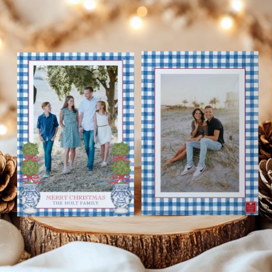 Waterverf Kerst Topiary Gingham Foto Feestdagenkaart