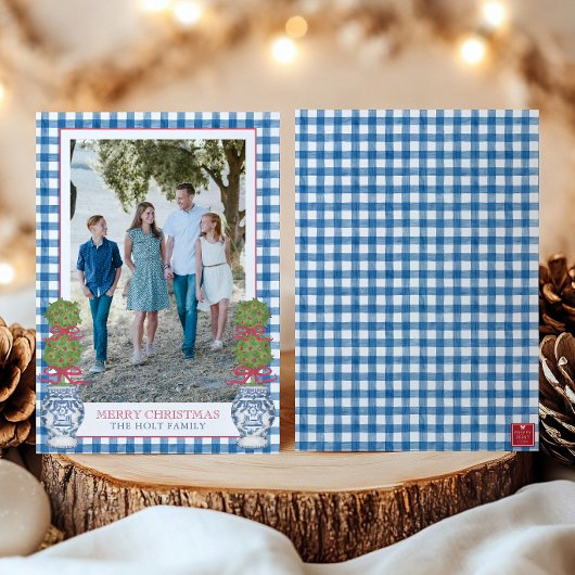 Waterverf Kerst Topiary Gingham Foto Feestdagenkaart