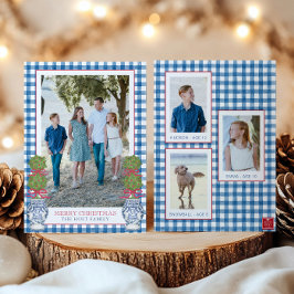 Waterverf Kerst Topiary Gingham Foto Feestdagenkaart