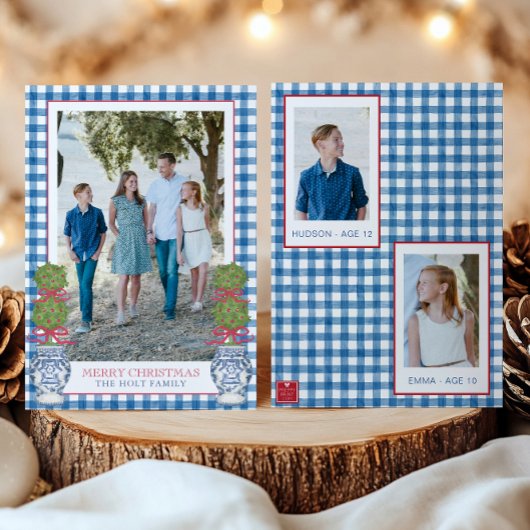 Waterverf Kerst Topiary Gingham Foto Feestdagenkaart