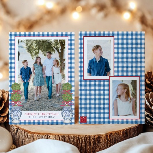 Waterverf Kerst Topiary Gingham Foto Feestdagenkaart