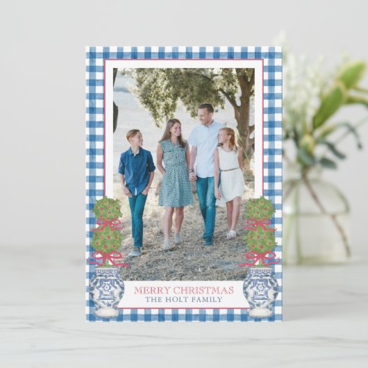 Waterverf Kerst Topiary Gingham Foto Feestdagenkaart (Staand voorkant)