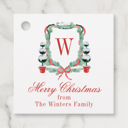 Waterverf Kerst Topiary Monogram Crest Bedankjes Labels (Voorkant)