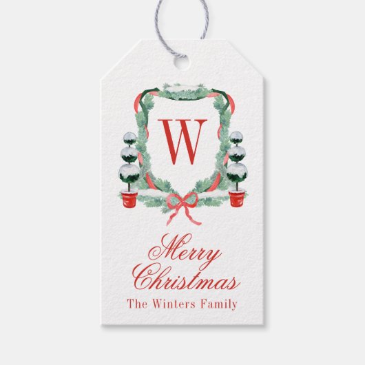 Waterverf Kerst Topiary Monogram Crest Cadeaulabel (Voorkant)