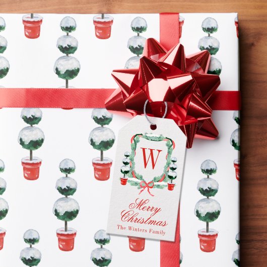 Waterverf Kerst Topiary Monogram Crest Cadeaulabel