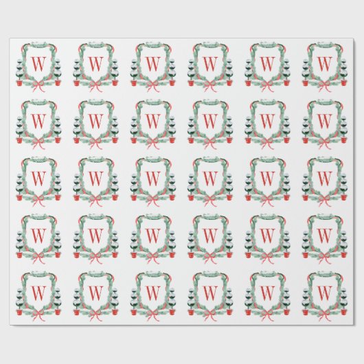 Waterverf Kerst Topiary Monogram Crest Cadeaupapier (Vlak)