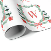 Waterverf Kerst Topiary Monogram Crest Cadeaupapier (Rol Hoek)