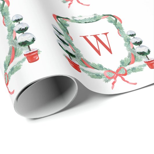 Waterverf Kerst Topiary Monogram Crest Cadeaupapier (Rol Hoek)