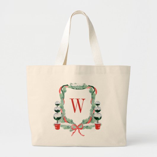 Waterverf Kerst Topiary Monogram Crest Grote Tote Bag (Voorkant)