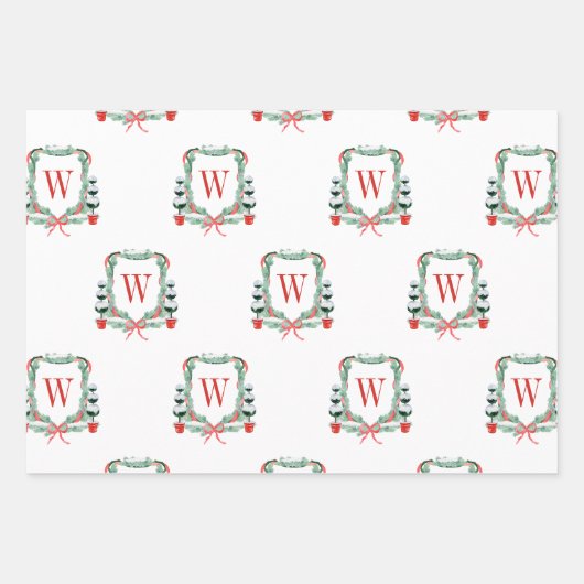 Waterverf Kerst Topiary Monogram Crest Inpakpapier Vel (Voorkant)