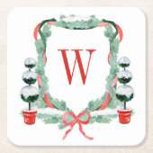 Waterverf Kerst Topiary Monogram Crest Kartonnen Onderzetters (Voorkant)