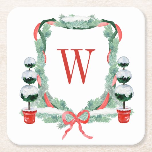 Waterverf Kerst Topiary Monogram Crest Kartonnen Onderzetters (Voorkant)