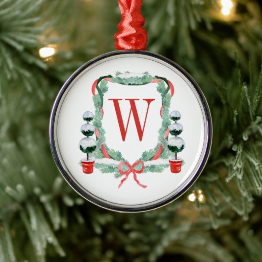 Waterverf Kerst Topiary Monogram Crest Metalen Ornament (Boom)