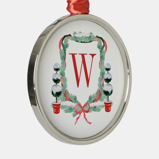 Waterverf Kerst Topiary Monogram Crest Metalen Ornament (Rechts)