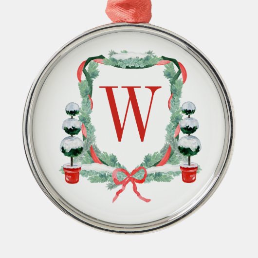 Waterverf Kerst Topiary Monogram Crest Metalen Ornament (Voorkant)