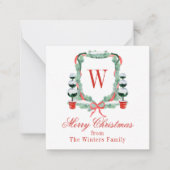 Waterverf Kerst Topiary Monogram Crest Notitiekaartje (Voorkant)