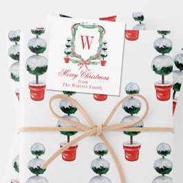 Waterverf Kerst Topiary Monogram Crest Notitiekaartje