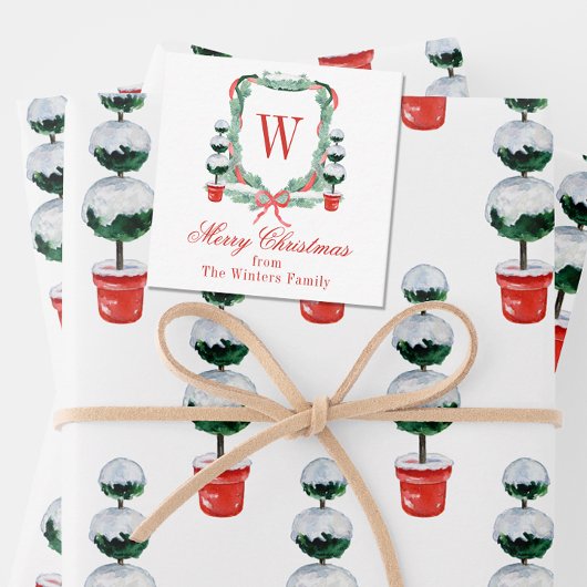 Waterverf Kerst Topiary Monogram Crest Notitiekaartje