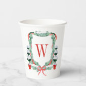 Waterverf Kerst Topiary Monogram Crest Papieren Bekers (Voorkant)