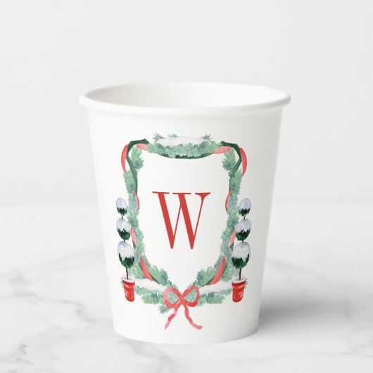 Waterverf Kerst Topiary Monogram Crest Papieren Bekers (Voorkant)