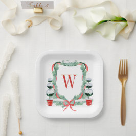 Waterverf Kerst Topiary Monogram Crest Papieren Bordje