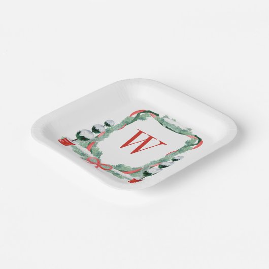 Waterverf Kerst Topiary Monogram Crest Papieren Bordje (Gebogen)