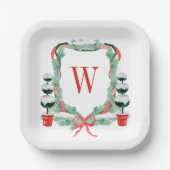 Waterverf Kerst Topiary Monogram Crest Papieren Bordje (Voorkant)