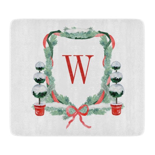 Waterverf Kerst Topiary Monogram Crest Snijplank (Voorkant)