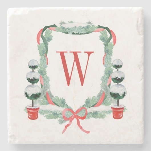 Waterverf Kerst Topiary Monogram Crest Stenen Onderzetter (Voorkant)