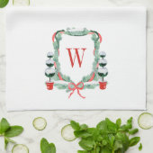 Waterverf Kerst Topiary Monogram Crest Theedoek (Gevouwen)