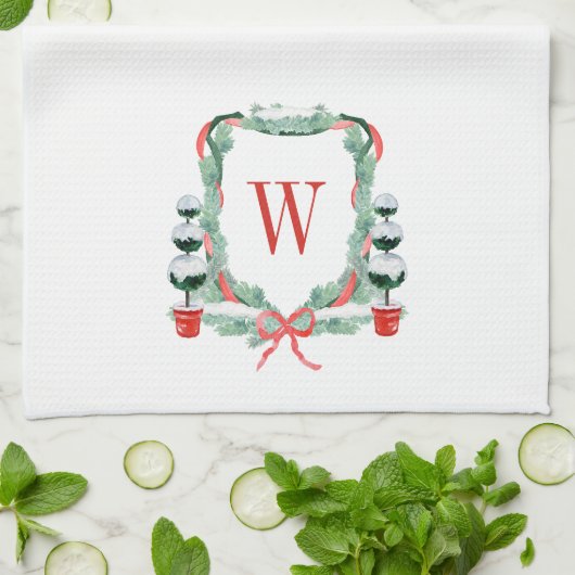 Waterverf Kerst Topiary Monogram Crest Theedoek (Gevouwen)