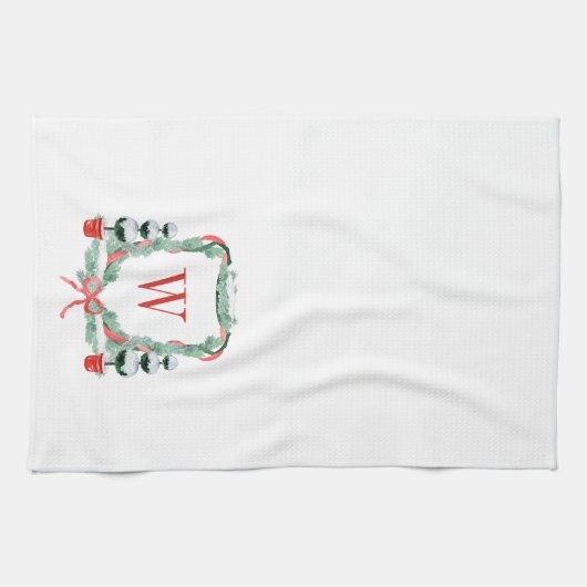 Waterverf Kerst Topiary Monogram Crest Theedoek (Horizontaal)