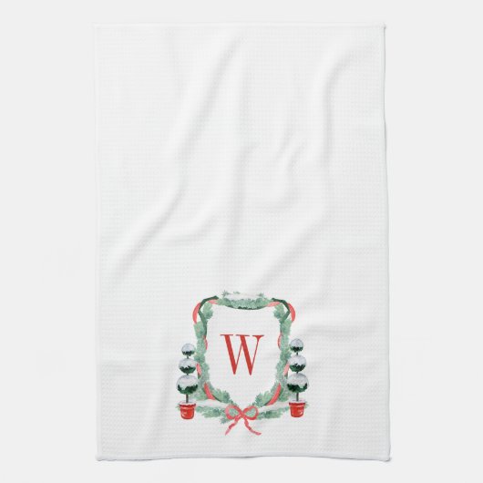 Waterverf Kerst Topiary Monogram Crest Theedoek (Verticaal)