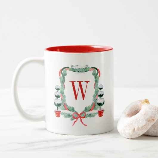 Waterverf Kerst Topiary Monogram Crest Tweekleurige Koffiemok (Met donut)