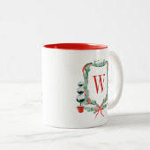 Waterverf Kerst Topiary Monogram Crest Tweekleurige Koffiemok (Voorkant rechts)