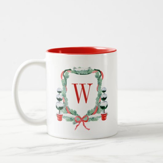 Waterverf Kerst Topiary Monogram Crest Tweekleurige Koffiemok (Links)