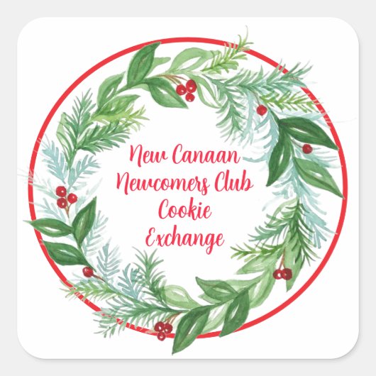 Waterverf Kerst Vakantie Krans CUSTOM Vierkante Sticker (Voorkant)