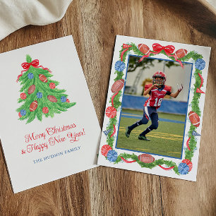Waterverf Kerst Voetbal Slinger & Boom Foto Feestdagenkaart