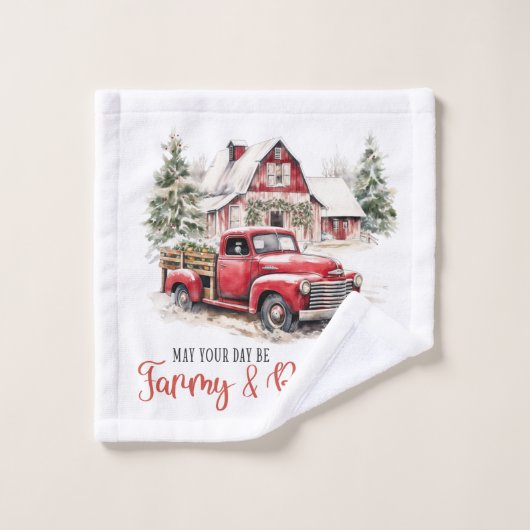 Waterverf Kerst  Vrachtwagen en Schuur Bad Handdoek (Wasdoekje)