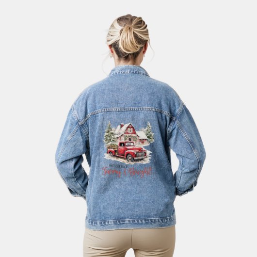 Waterverf Kerst  Vrachtwagen en Schuur Denim Jacket (Model)