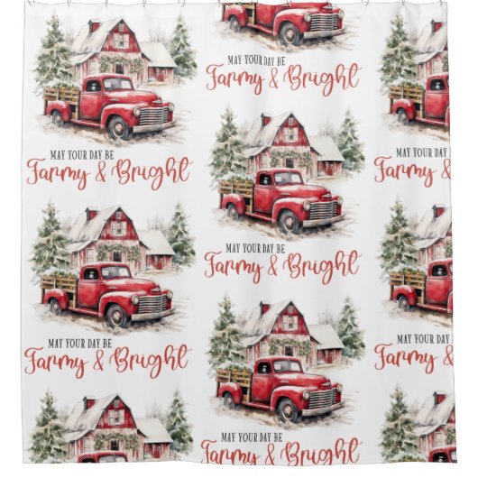 Waterverf Kerst  Vrachtwagen en Schuur Douchegordijn (Voorkant)