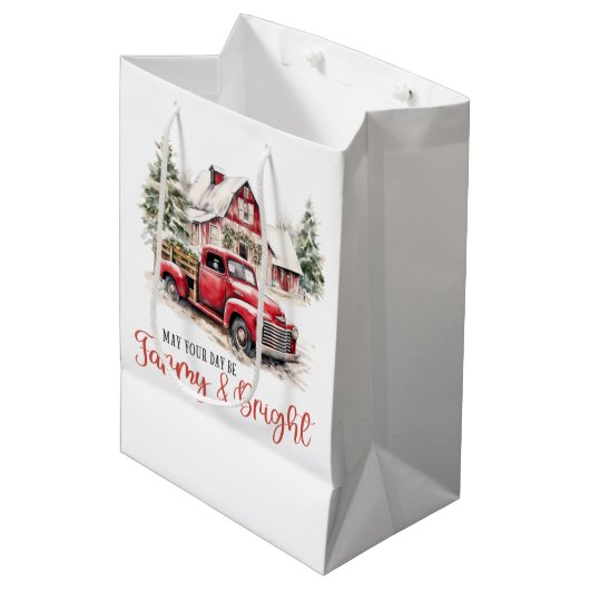 Waterverf Kerst  Vrachtwagen en Schuur Medium Cadeauzakje (Voorkant Gekanteld)