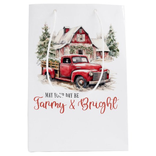 Waterverf Kerst Vrachtwagen en Schuur Medium Cadeauzakje (Voorkant)