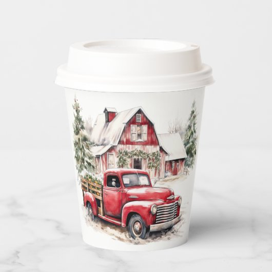 Waterverf Kerst Vrachtwagen en Schuur Papieren Bekers (Voorkant)