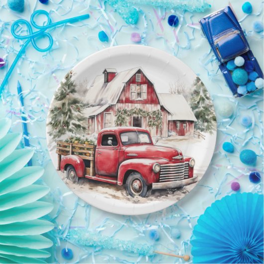 Waterverf Kerst  Vrachtwagen en Schuur Papieren Bordje (Feest)