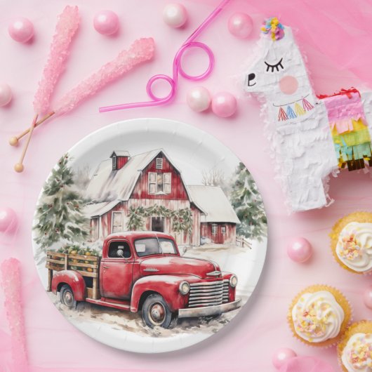 Waterverf Kerst  Vrachtwagen en Schuur Papieren Bordje (Feest)