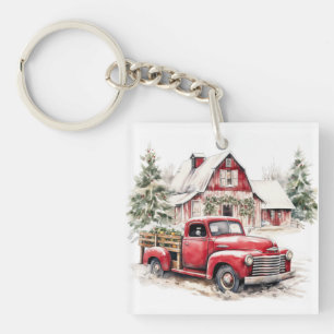 Waterverf Kerst  Vrachtwagen en Schuur Sleutelhanger