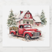 Waterverf Kerst  Vrachtwagen en Schuur Sparkling Wijnetiket (Enkel label)