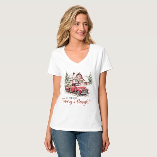 Waterverf Kerst  Vrachtwagen en Schuur T-shirt (Voorkant volledig)