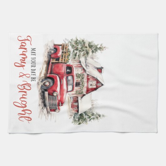 Waterverf Kerst Vrachtwagen en Schuur Theedoek (Horizontaal)